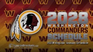 Washington Commanders 2028 schedule poster featuring the team logo with feathers and bold 2028 SCHEDULE text.