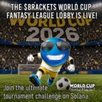 Promotional image for The Brackets World Cup Fantasy League Lobby—blue mascot in a stadium with a World Cup 2006 backdrop, inviting players on Solana.
