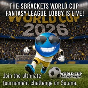 Promotional image for The Brackets World Cup Fantasy League Lobby—blue mascot in a stadium with a World Cup 2006 backdrop, inviting players on Solana.