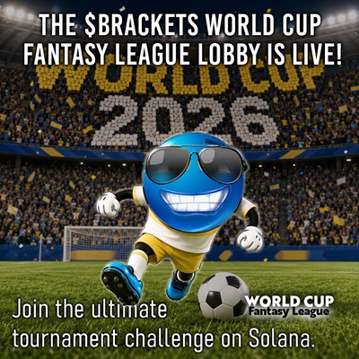 Promotional image for The Brackets World Cup Fantasy League Lobby—blue mascot in a stadium with a World Cup 2006 backdrop, inviting players on Solana.