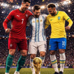 Three soccer players from Portugal, Argentina, and Brazil stand with a golden trophy on a stadium field as fireworks explode above them.