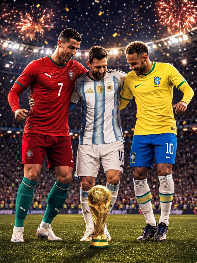Three soccer players from Portugal, Argentina, and Brazil stand with a golden trophy on a stadium field as fireworks explode above them.