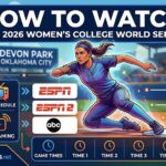 Infographic poster showing a female softball player sliding into a base, with a banner 'HOW TO WATCH THE 2026 WOMEN'S COLLEGE WORLD SERIES', ESPN/ESPN2/ABC logos, TV schedule and streaming icons, and game times 1–4, on a stadium background.