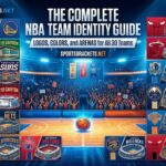 Infographic titled The Complete NBA Team Identity Guide showing all 30 team logos around a basketball court with a cheering crowd in the center.