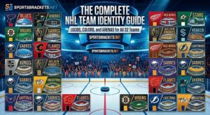 Collage poster titled The Complete NHL Team Identity Guide with team logos and arena icons for all 32 NHL teams.