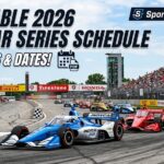 Promotional banner for Printable 2026 IndyCar Series Schedule with race cars on track and cheering crowd on the stands.