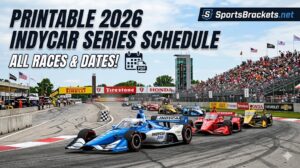 Promotional banner for Printable 2026 IndyCar Series Schedule with race cars on track and cheering crowd on the stands.