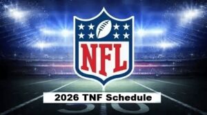 NFL shield emblem against a bright stadium backdrop with a '2026 TNF Schedule' banner