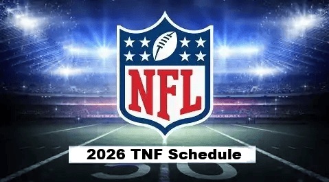 NFL shield emblem against a bright stadium backdrop with a '2026 TNF Schedule' banner