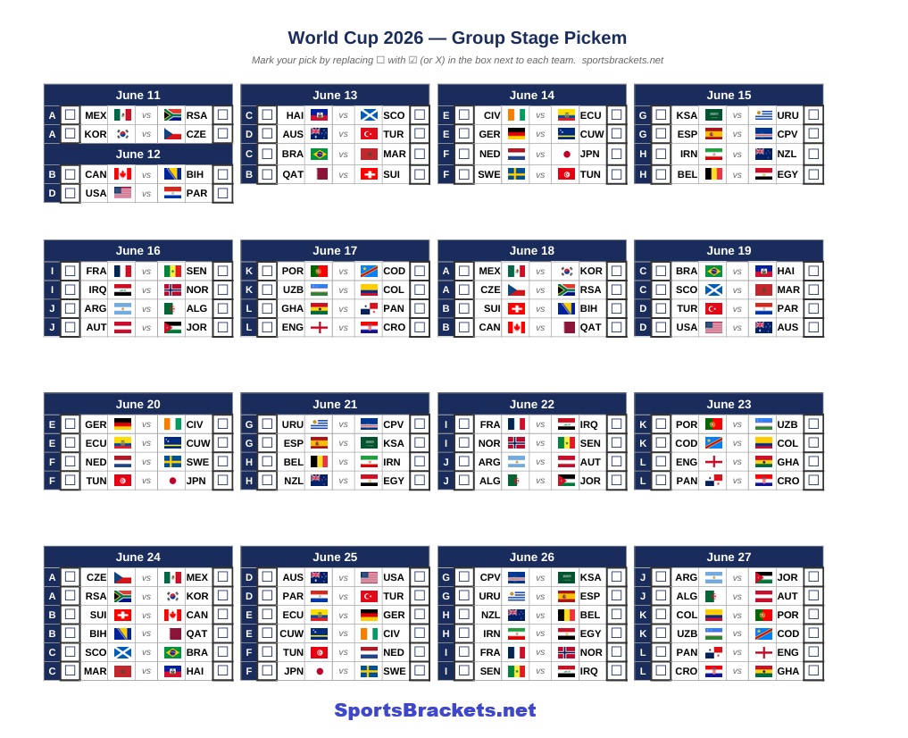 Printable 2026 FIFA World Cup Pickem Sheet