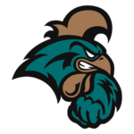 Aggressive teal and brown bird mascot logo facing right
