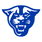 Blue shield-shaped mascot logo featuring a snarling white cougar head on blue background.
