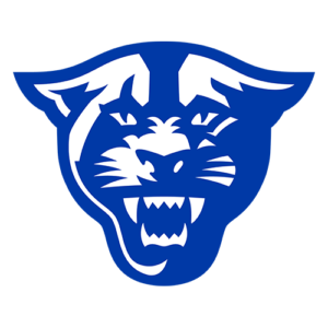 Blue shield-shaped mascot logo featuring a snarling white cougar head on blue background.