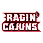 Louisiana Ragin' Cajuns logo with bold white lettering outlined in red and black on a red background, representing the University of Louisiana at Lafayette sports team.