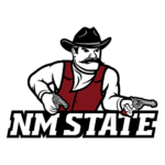 Stylized logo: silhouette of a cowboy with a hat and a red vest, holding two pistols, above bold white 'NM STATE' text on a black background.