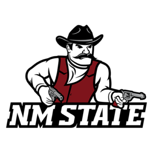 Stylized logo: silhouette of a cowboy with a hat and a red vest, holding two pistols, above bold white 'NM STATE' text on a black background.