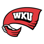 Red waving flag with bold white WKU letters, representing Western Kentucky University logo.