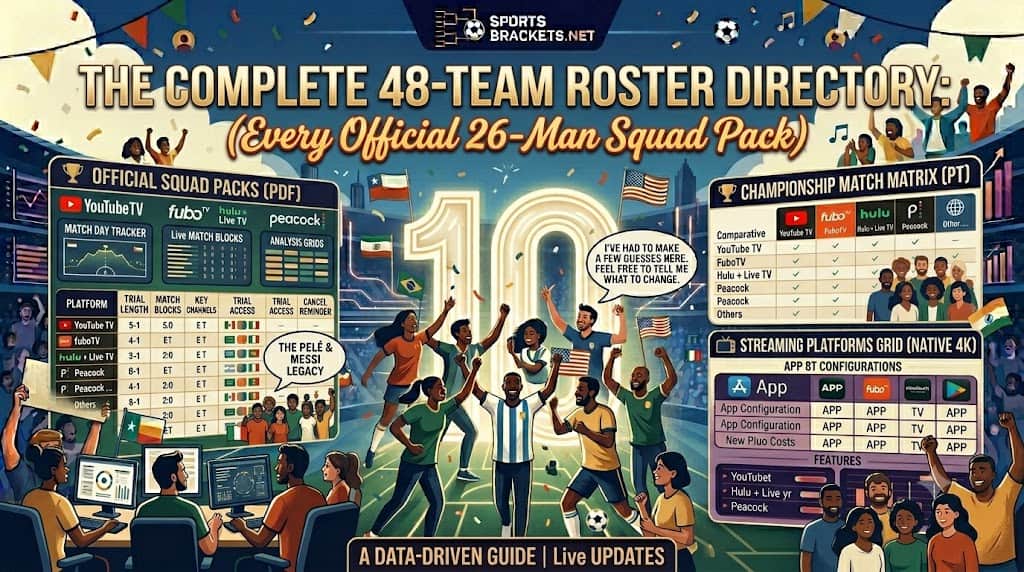 Complete 48-team 2026 World Cup roster directory with printable 26-man squad packs