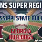 Athens Super Regional banner promoting Mississippi State and Georgia Bulldogs with a baseball and crossed bats overhead in a stadium background.