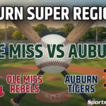 Promotional banner for Auburn vs Ole Miss baseball super regional with team logos and bat background.