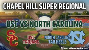 Meme banner for Chapel Hill Super Regional: USC Trojans vs North Carolina Tar Heels with a baseball stadium backdrop and crossed bats behind a baseball field logo.