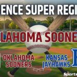 Promotional graphic for the Lawrence Super Regional baseball game featuring Oklahoma Sooners and Kansas Jayhawks, with a baseball and crossed bats centered above stadium seating.