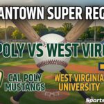 Banner announcing Morgantown Super Regional: Cal Poly Mustangs vs West Virginia University Mountaineers baseball game with team logos and field backdrop