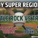 Promotional baseball graphic: Troy vs. Little Rock with team logos and a stadium background reading 'Troy Super Regional'.