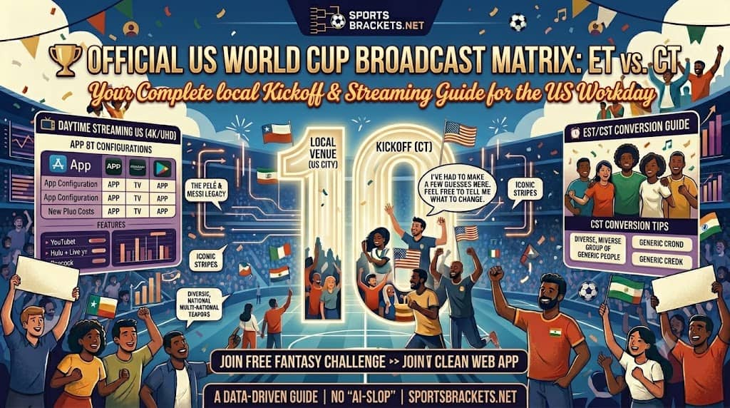 World Cup Broadcast Matrix ET vs CT - Sports Brackets 2026 World Cup broadcast matrix, Eastern Time vs Central Time schedule
