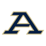 Interlocking navy blue letter A outlined in gold on a black background.