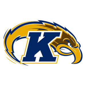 Kansas Jayhawks logo featuring a bold navy K with a blue and gold Jayhawk mascot in the background