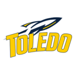 Toledo logo with bold yellow lettering on a dark blue silhouette/shape (brand mark