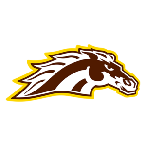 Stylized brown and white horse head mascot logo on a bright yellow background.