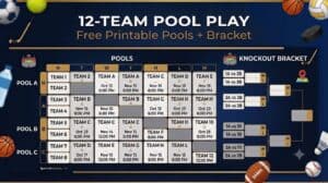 Infographic of a 12-team pool play bracket: three pools (A, B, C) with teams and match dates, plus a knockout bracket on the right for a free printable tournament layout.