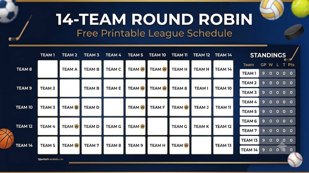 14 Team Round Robin - Sports Brackets 14-Team Round Robin Schedule: Free Printable PDF