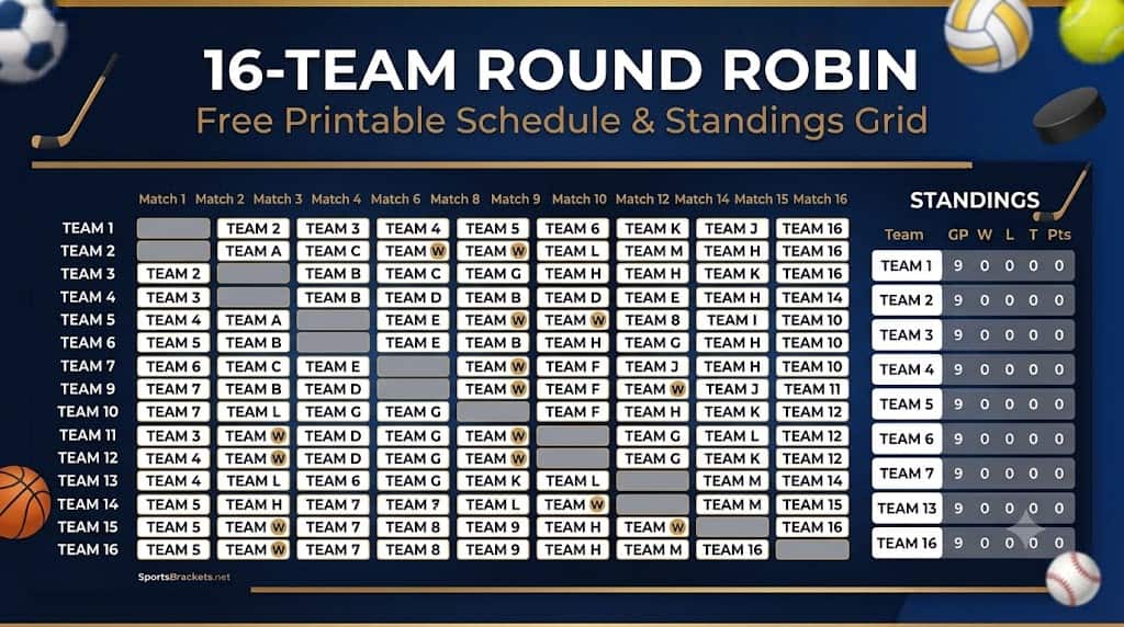 16-Team Round Robin Schedule: Free Printable PDF