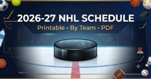 Banner promoting the 2026-27 NHL schedule printable by team in PDF, with a central hockey puck on an ice rink and various sports icons around.