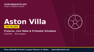A banner announcing Aston Villa fixtures, live table and printable schedule for Villa Park, Birmingham.
