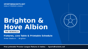 Blue banner advertising Brighton & Hove Albion fixtures, live table and printable schedule for the 2026-27 Premier League (Amex Stadium).