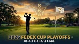 Golfer taking a swing on a sunlit golf course with a large holographic 70-50-30 scale in the sky, promoting the 2026 FedEx Cup Playoffs: Road to East Lake, with a cheering crowd and tournament flag in the background.