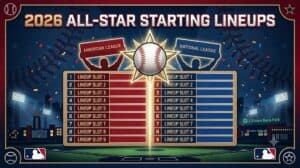 Poster-style graphic announcing 2026 All-Star Starting Lineups with red left column (American League) and blue right column (National League) on a baseball field backdrop.