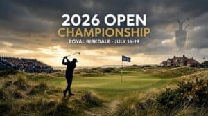 Golfer mid-swing on a coastal golf course during the 2026 Open Championship at Royal Birkdale, with crowd in the stands and sunset sky above the dunes.