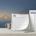 Desk with a 2026 calendar, football schedule, Wilson football, a pencil, and a mug against a mountain backdrop.