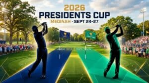 Banner for the 2026 Presidents Cup at Medinah, Sept 24–27, featuring two golfers swinging on a crowded course.