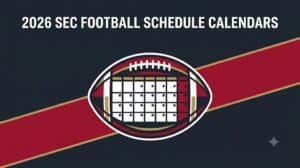 Title card: '2026 SEC Football Schedule Calendars' over a dark background with a football calendar emblem and a red diagonal stripe.