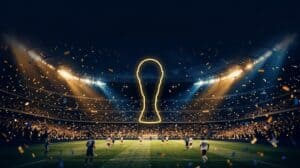 Night stadium full of cheering fans, confetti flying, with a glowing neon trophy outline centered on the pitch.