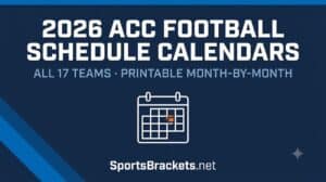 Graphic banner promoting 2026 ACC football schedule calendars for all 17 teams, printable month-by-month, with a calendar icon and SportsBrackets.net