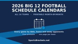 Poster advertising 2026 Big 12 Football Schedule Calendars with text 'All 16 Teams - Printable Month-by-Month' and a calendar icon on a dark blue background with blue diagonal accents.