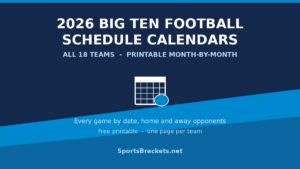 Big Ten football schedule calendars for all 18 teams; printable month-by-month poster with calendar icon and slogan.