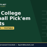 Dark green hero banner advertising 2026 College Football Pick'em Sheets, with a yellow tag reading 'PICK 'EM | POOL | PRINTABLE' and a right-side bracket graphic.